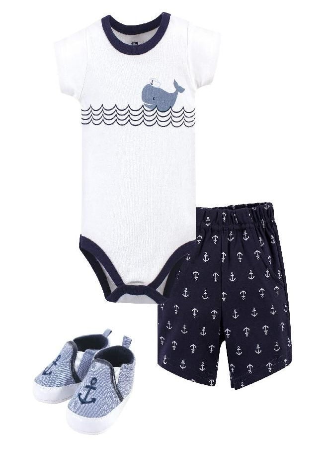 hudson baby - Hudson Baby baby boys Cotton Bodysuit, Shorts and Shoe Layette Set, Blue Sailor Whale, 6-9 Months US - Image 1