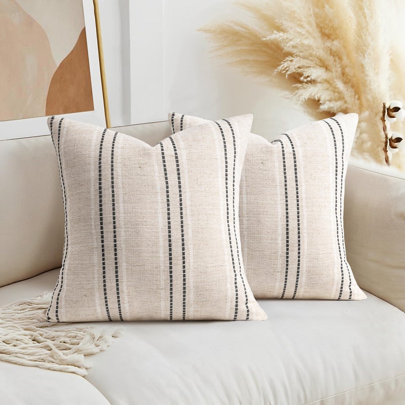 AELS 16x16 Decorative Farmhouse Linen Throw Pillow Covers Boho Textured Pillow Case Set of 2 Beige with White Black Stitch Yarn Dyed Stripe Cushion Cover for Sofa Couch Living Room Cover ONLY