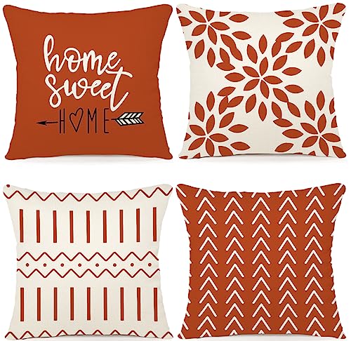 YCOLL Fall Pillow Covers 18x18 Set of 4 Modern Sofa Throw Pillow Cover for Fall Decor Decorative Outdoor Linen Fabric Pillow Case for Couch Bed Car Burnt Orange - Image 1