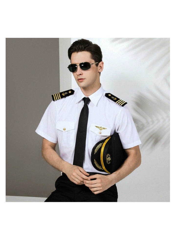 Pilot Role-Play Costume Set - Airline Captain Uniform - Adult/Teen Career Day Outfit (170cm)  -(Set includes: short-sleeved shirt + trousers + leather belt + aviator sunglasses + captain's hat + tie + adjustable epaulettes + badge) - Image 1