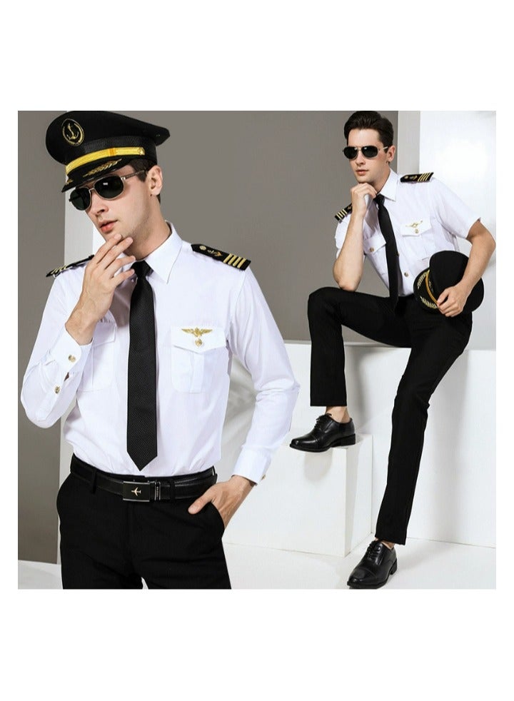 Pilot Role-Play Costume Set - Airline Captain Uniform - Adult/Teen Career Day Outfit (170cm)  -(Set includes: short-sleeved shirt + trousers + leather belt + aviator sunglasses + captain's hat + tie + adjustable epaulettes + badge) - Image 2