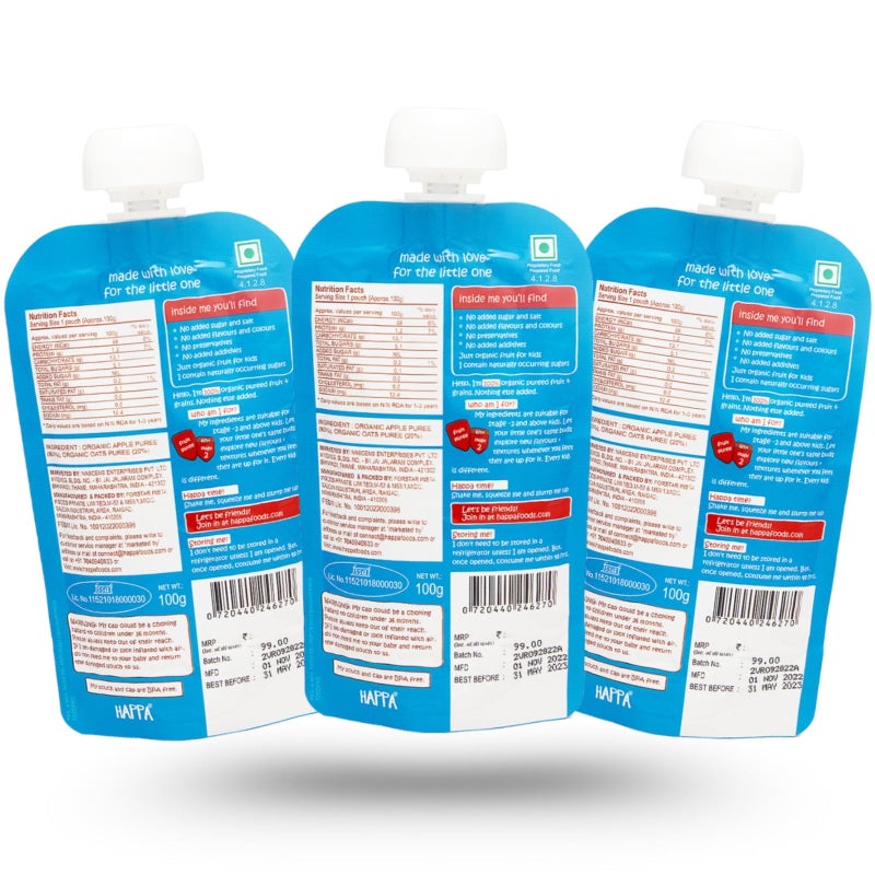 Happa Organic Baby Food Apple and Oats Puree | 100% Fruits and Oats | No Added Sugar, No Milk Powder, No Preservatives | Stage 2 (6 Months+) | Ready to Eat | Free from Common Allergens | Pack of 3 (100g Each) - Image 2