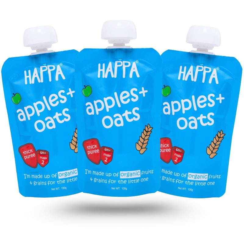 Happa Organic Baby Food Apple and Oats Puree | 100% Fruits and Oats | No Added Sugar, No Milk Powder, No Preservatives | Stage 2 (6 Months+) | Ready to Eat | Free from Common Allergens | Pack of 3 (100g Each) - Image 1