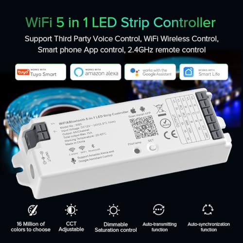 BTF-LIGHTING 5in1 WB5 2.4GHz Tuya WiFi PWM LED Controller Compatible with Alexa/Google Home/Smart Life/Tuya Smart APP Control for Dimming CCT RGB RGBW RGBCCT LED Strip Work with WR01RF WR02RF etc - Image 3