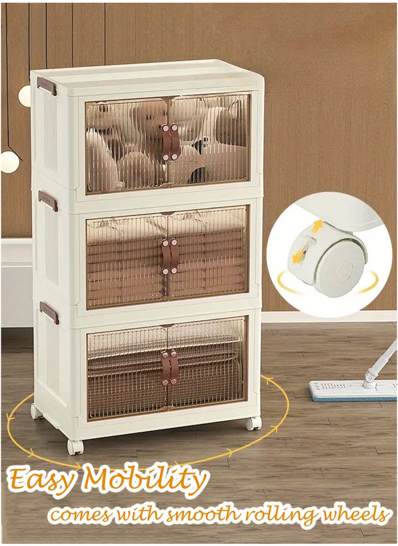 Toshionics - 5 Tier Storage Bins Rack Cabinet Multi-Layer Foldable Portable Shelf with Rolling Wheels Collapsible Stackable Closet Organizer with Magnetic Double-doors Transparent Plastic Clothes Quilt Organizer with Secure Lids and Lockable Casters Home Storage Box Cupboard  for Clothes Toys Snacks Home Décor Display Shelf Office Supplies Kitchen Utensils Bedroom Bathroom Amenities and More - Image 1