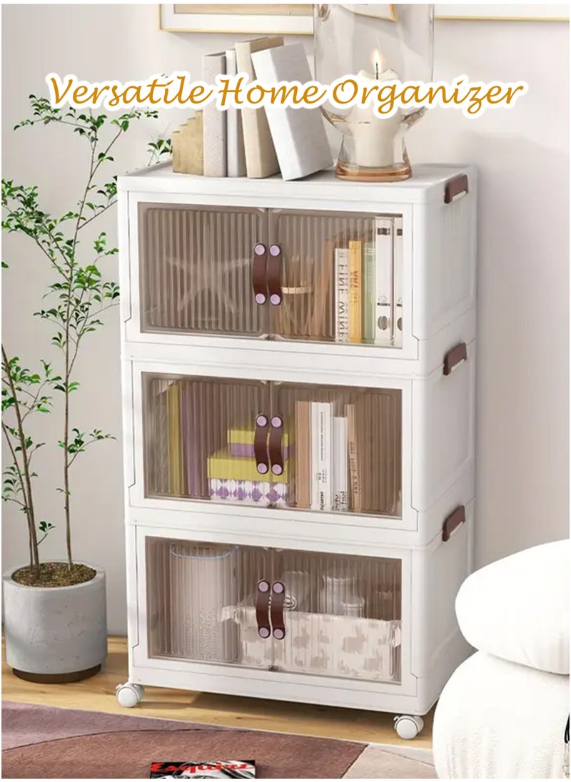 Toshionics - 5 Tier Storage Bins Rack Cabinet Multi-Layer Foldable Portable Shelf with Rolling Wheels Collapsible Stackable Closet Organizer with Magnetic Double-doors Transparent Plastic Clothes Quilt Organizer with Secure Lids and Lockable Casters Home Storage Box Cupboard  for Clothes Toys Snacks Home Décor Display Shelf Office Supplies Kitchen Utensils Bedroom Bathroom Amenities and More - Image 1