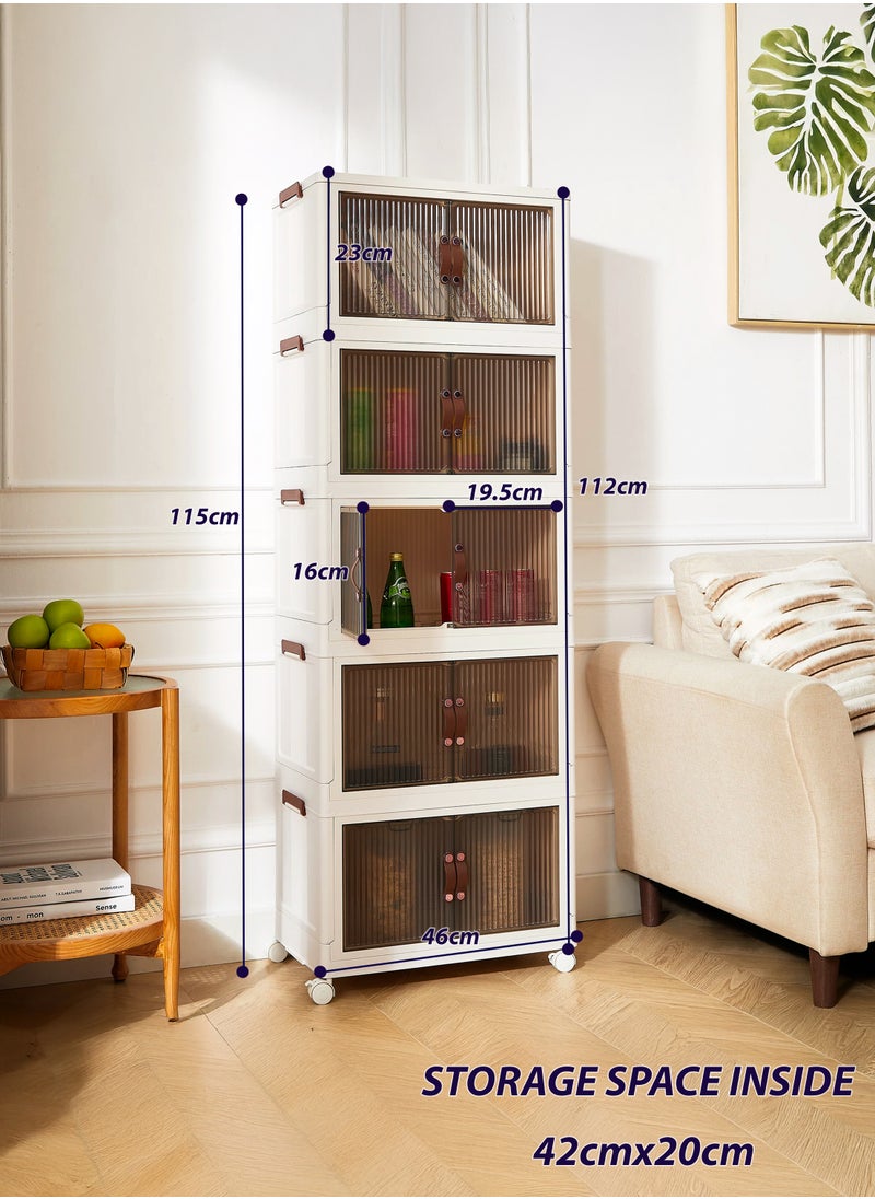 Toshionics - 5 Tier Storage Bins Rack Cabinet Multi-Layer Foldable Portable Shelf with Rolling Wheels Collapsible Stackable Closet Organizer with Magnetic Double-doors Transparent Plastic Clothes Quilt Organizer with Secure Lids and Lockable Casters Home Storage Box Cupboard  for Clothes Toys Snacks Home Décor Display Shelf Office Supplies Kitchen Utensils Bedroom Bathroom Amenities and More - Image 1
