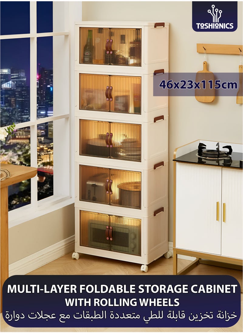 Toshionics - 5 Tier Storage Bins Rack Cabinet Multi-Layer Foldable Portable Shelf with Rolling Wheels Collapsible Stackable Closet Organizer with Magnetic Double-doors Transparent Plastic Clothes Quilt Organizer with Secure Lids and Lockable Casters Home Storage Box Cupboard  for Clothes Toys Snacks Home Décor Display Shelf Office Supplies Kitchen Utensils Bedroom Bathroom Amenities and More - Image 1