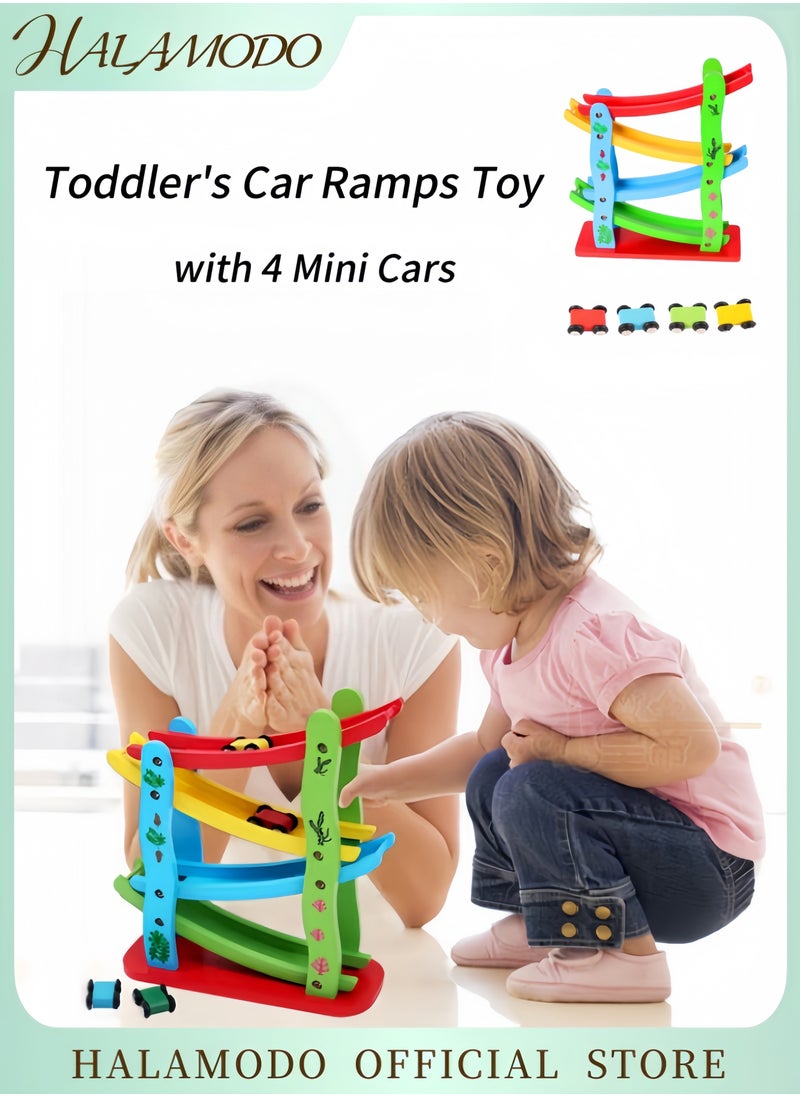 HALAMODO Toddler's Car Ramps Race Wooden Track Toy with 4 Mini Cars Ramp Racer Set Track Gliding Car Educational Toys Parent-child Interactive Activities Birthday Gift for Boys & Girls &Kids  - Image 1