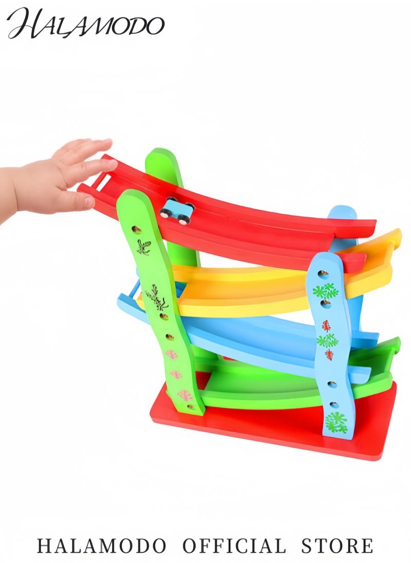 HALAMODO Toddler's Car Ramps Race Wooden Track Toy with 4 Mini Cars Ramp Racer Set Track Gliding Car Educational Toys Parent-child Interactive Activities Birthday Gift for Boys & Girls &Kids  - Image 2