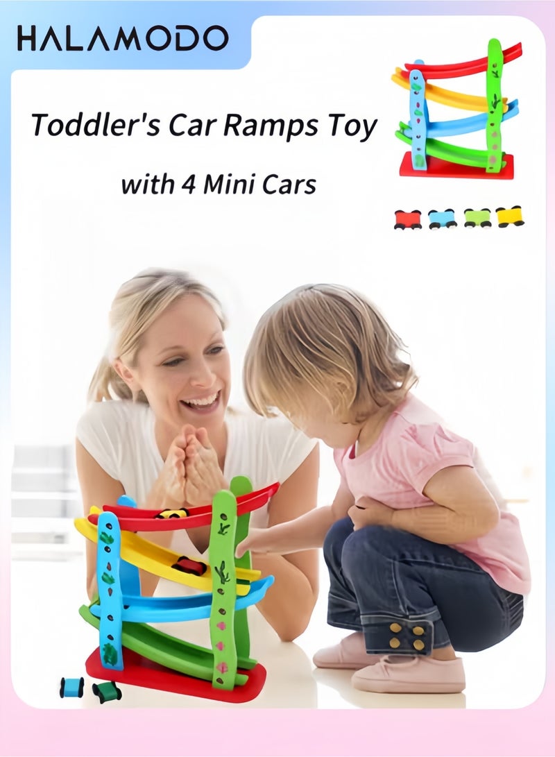Halamodo Toddler's Car Ramps Race Wooden Track Toy with 4 Mini Cars Ramp Racer Set Track Gliding Car Educational Toys Parent-child Interactive Activities Birthday Gift for Boys & Girls &Kids - Image 1