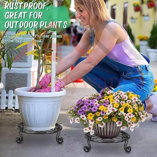 Rollyware Designer Metal Plant Stands (Indoor, Outdoor) - Low Corner Stands, Heavy Duty Flower Pot Holders, Plant Rack (Pack of 2, Black) - Image 2