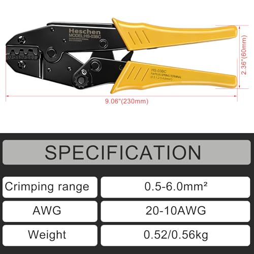 Heschen Ratchet Crimper Plier, HS-03BC, Non-Insulated Terminals & Receptacle Crimping Tools, Use for 0.5-6 mm² (20-10 AWG), Yellow - Image 2