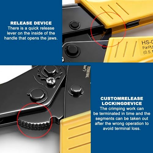 Heschen Ratchet Crimper Plier, HS-03BC, Non-Insulated Terminals & Receptacle Crimping Tools, Use for 0.5-6 mm² (20-10 AWG), Yellow - Image 5
