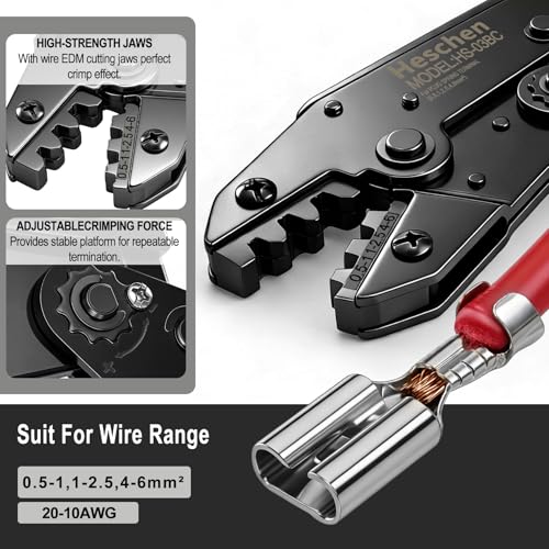 Heschen Ratchet Crimper Plier, HS-03BC, Non-Insulated Terminals & Receptacle Crimping Tools, Use for 0.5-6 mm² (20-10 AWG), Yellow - Image 4