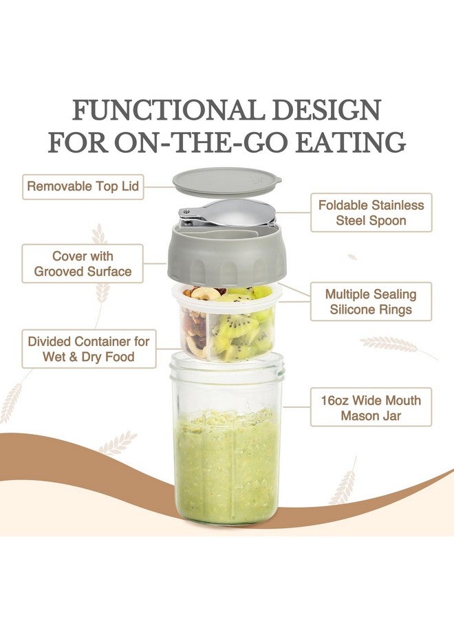 SOLIGT 4 Pack Overnight Oats Containers with Lids, Folding Spoons and Divided Compartments for Fruit & Nuts, Small Glass 16oz Mason Jars for Oatmeal Yogurt Parfait - Image 3