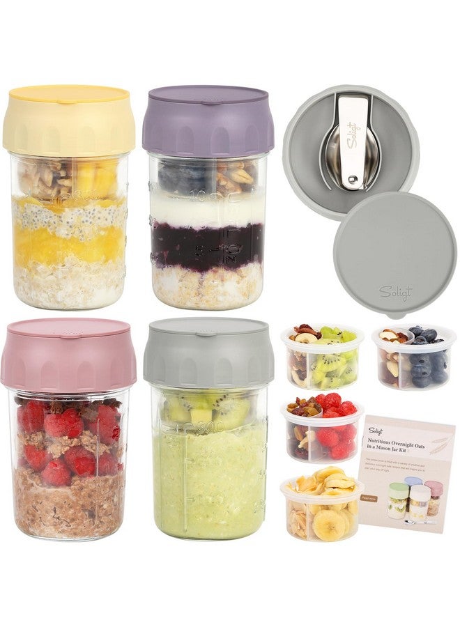 SOLIGT 4 Pack Overnight Oats Containers with Lids, Folding Spoons and Divided Compartments for Fruit & Nuts, Small Glass 16oz Mason Jars for Oatmeal Yogurt Parfait - Image 1