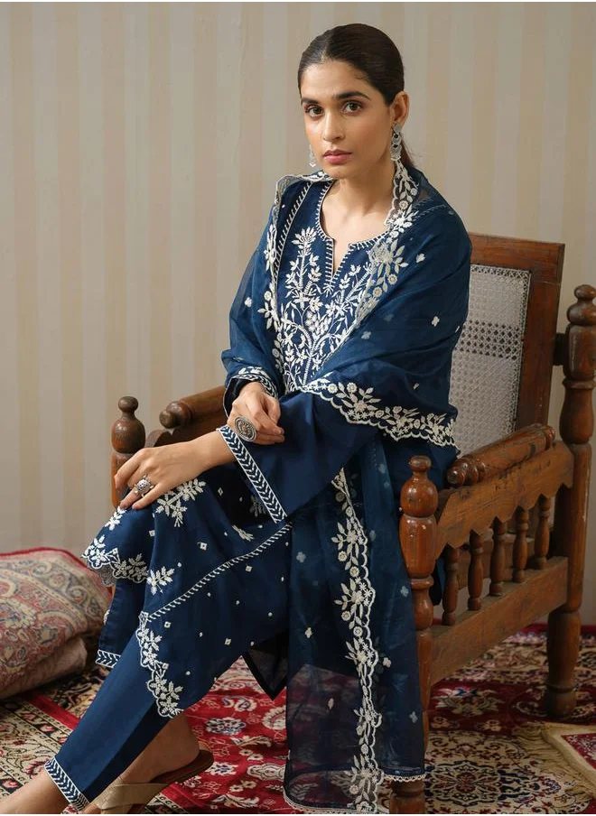 DW Embroidered Straight Kurta with Trouser and Dupatta Set by Styli