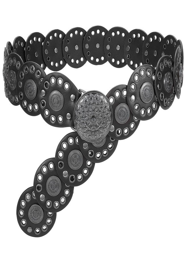 WHIPPY Western Belts for Women Vintage Disc Waist Belts Concho Leather Belts Boho Waist Belt for Dress Jeans, Black, S - Image 1