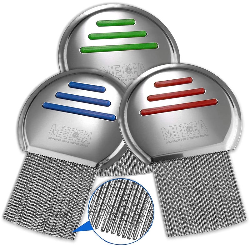 MEDca Lice Comb - (Pack of 3) Head Lice Treatment that's Individually Packaged Professional Stainless Steel Louse and Nit Combs Removes Eggs with Rounded Tips for Comfort