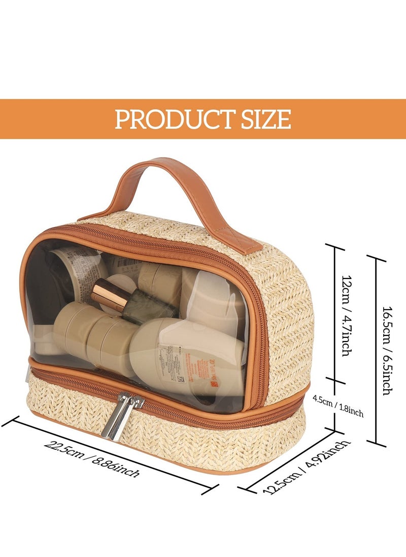 Excefore - Boho Straw Makeup Bag, Large Toiletry Bag for Women, Double Layer Cosmetic Bag, Travel Makeup Bag, Portable Boho Straw Bag, Makeup Bag for Girls Travel Bathroom (Khaki) - Image 1
