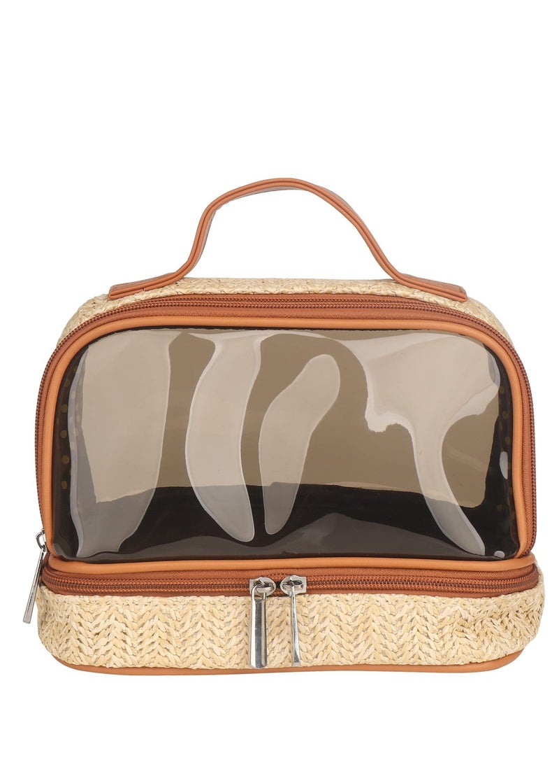 Excefore - Boho Straw Makeup Bag, Large Toiletry Bag for Women, Double Layer Cosmetic Bag, Travel Makeup Bag, Portable Boho Straw Bag, Makeup Bag for Girls Travel Bathroom (Khaki) - Image 1