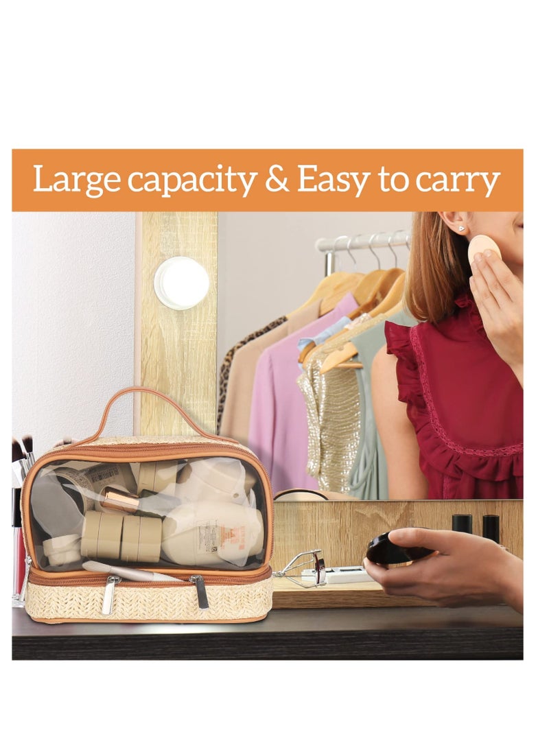 Excefore - Boho Straw Makeup Bag, Large Toiletry Bag for Women, Double Layer Cosmetic Bag, Travel Makeup Bag, Portable Boho Straw Bag, Makeup Bag for Girls Travel Bathroom (Khaki) - Image 1