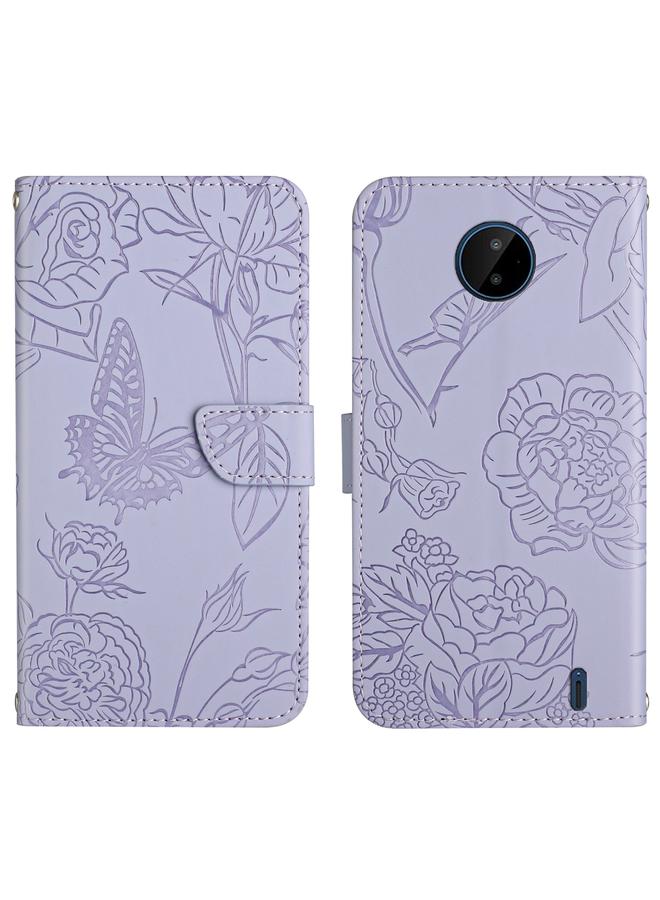 اس-توب جراب لهاتف Nokia C10 / C20 مصنوع من الجلد المنقوش بنقشة زهور الفاوانيا والفراشات - Image 1