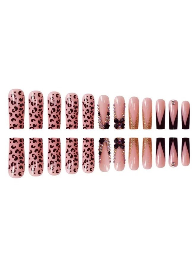 CTTHNBD Long Press on Nails Square French Tip Fake Nails with Black 3D Bow Rhinestone Design Glue on Nails Leopard Print False Nails Glossy Acrylic Full Cover Stick on Nails Artificial Nails for Women 24 Pcs - Image 3