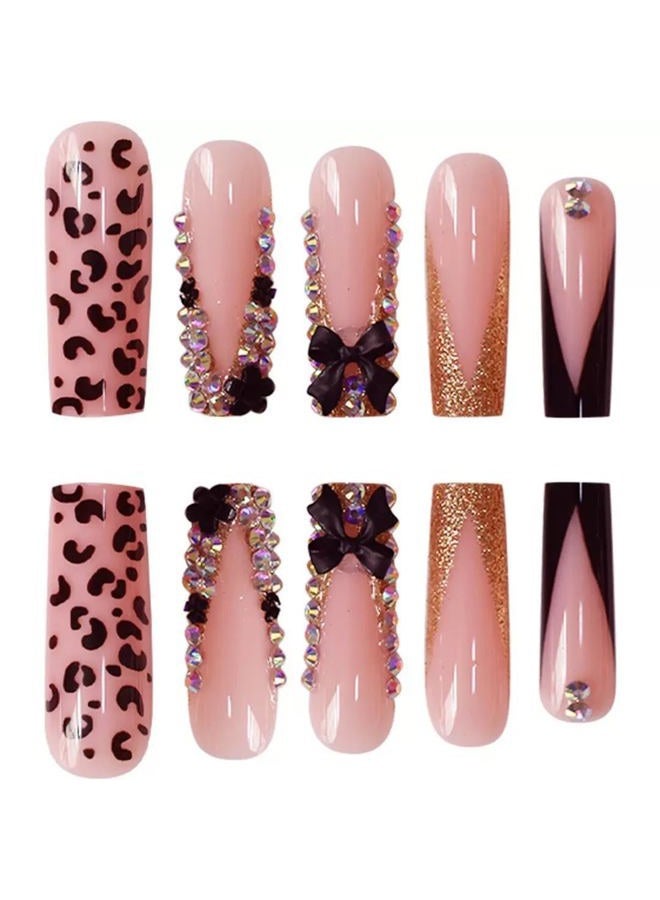 CTTHNBD Long Press on Nails Square French Tip Fake Nails with Black 3D Bow Rhinestone Design Glue on Nails Leopard Print False Nails Glossy Acrylic Full Cover Stick on Nails Artificial Nails for Women 24 Pcs - Image 4