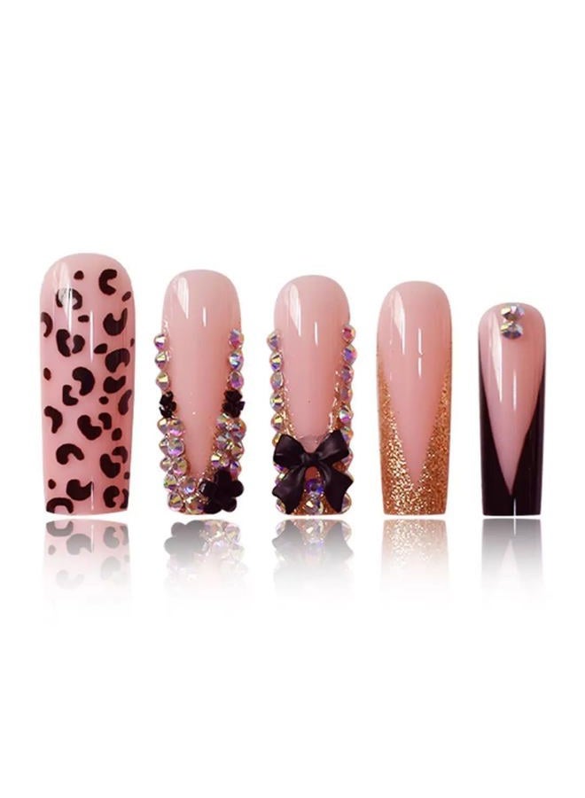 CTTHNBD Long Press on Nails Square French Tip Fake Nails with Black 3D Bow Rhinestone Design Glue on Nails Leopard Print False Nails Glossy Acrylic Full Cover Stick on Nails Artificial Nails for Women 24 Pcs - Image 5