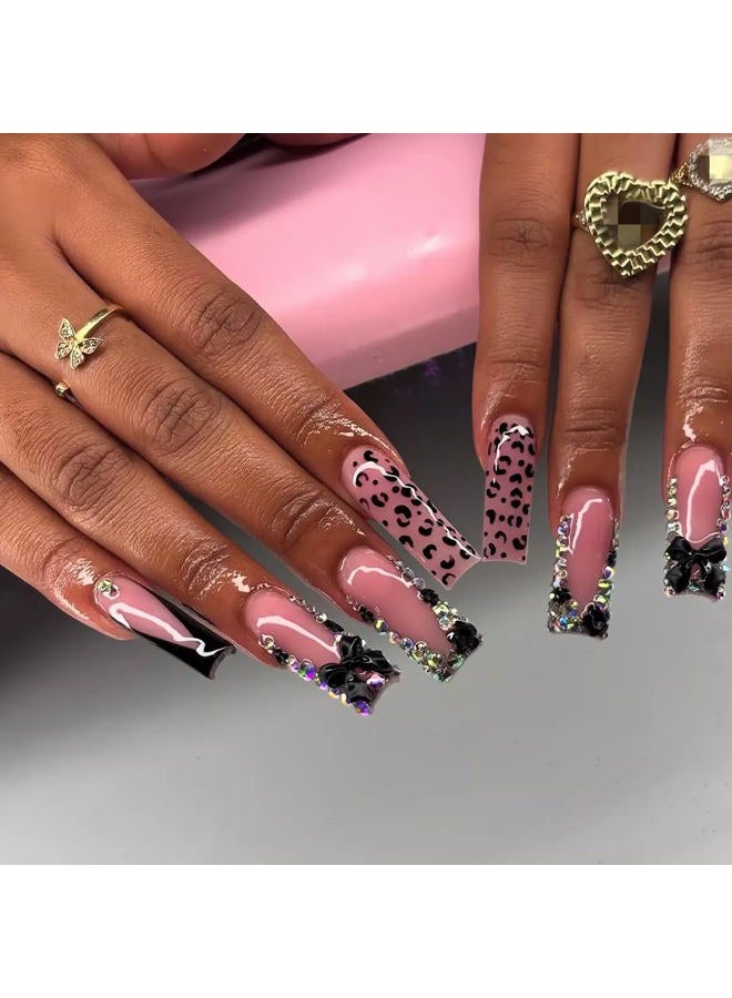CTTHNBD Long Press on Nails Square French Tip Fake Nails with Black 3D Bow Rhinestone Design Glue on Nails Leopard Print False Nails Glossy Acrylic Full Cover Stick on Nails Artificial Nails for Women 24 Pcs - Image 1