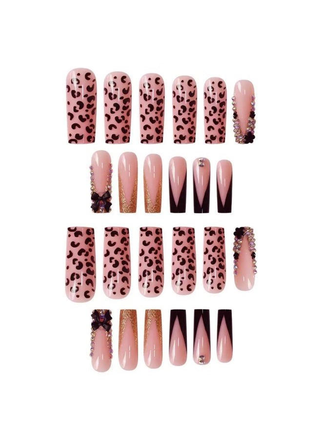 CTTHNBD Long Press on Nails Square French Tip Fake Nails with Black 3D Bow Rhinestone Design Glue on Nails Leopard Print False Nails Glossy Acrylic Full Cover Stick on Nails Artificial Nails for Women 24 Pcs - Image 2