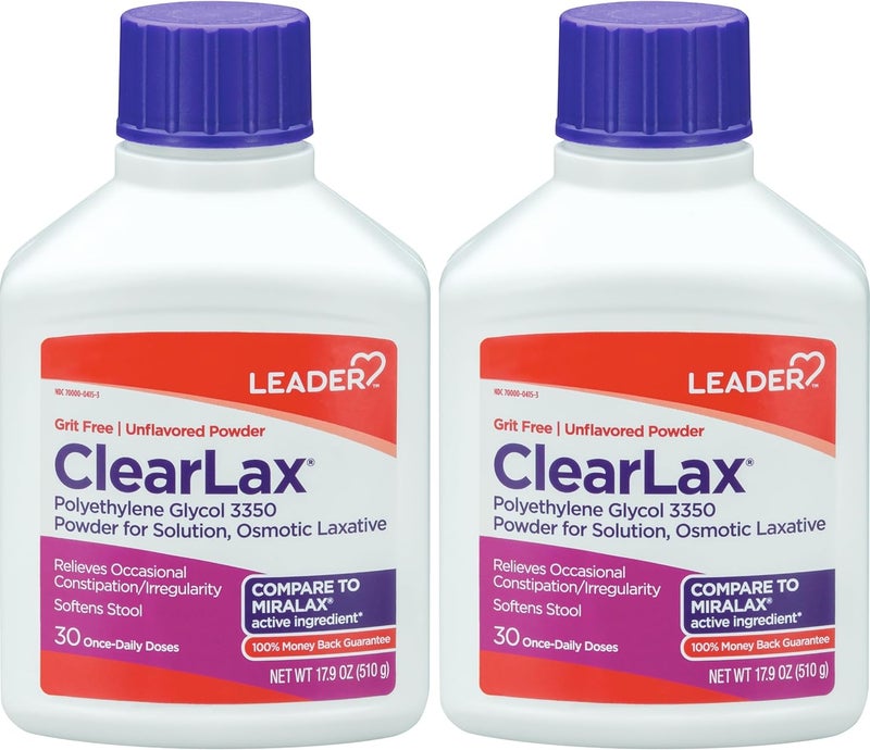 Leader Leader ClearLax Laxative Powder for Gentle Constipation Relief, Grit-Free, Polyethylene Glycol, Osmotic Laxative, Stimulant-Free, Softens Stool, 30-Day Supply, 17.9 Ounce, 30 Doses (Pack of 2)