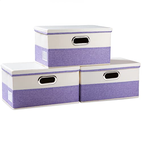 PRANDOM Collapsible Storage Bin with Lid 3Pack Fabric Foldable Storage Box Organizer Container Basket Cube with Cover for Home Bedroom Closet Office Nursery PurpleCream149x98x98