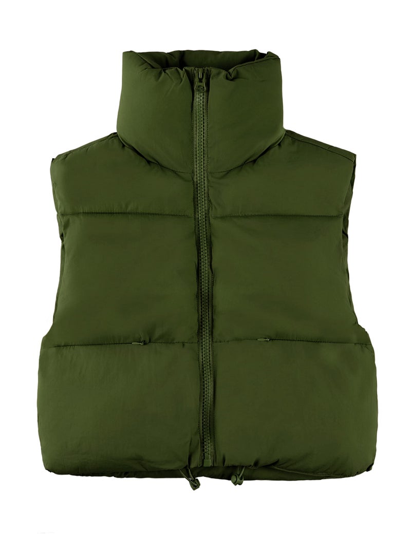 UANEO Cropped Puffer Vest Women Zip Up Stand Collar Sleeveless Padded Crop Puffy Vests ArmyGreenS