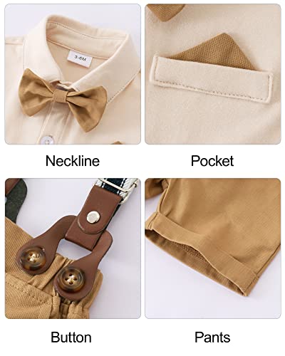 YUEMION Infant Baby Boy Clothes Gentleman Outfits Suits Summer Short Sleeve Bowtie Bodysuit Shirts + Suspender Shorts (Beige,12-18 Months) - Image 4