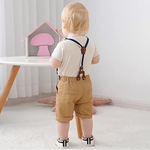 YUEMION Infant Baby Boy Clothes Gentleman Outfits Suits Summer Short Sleeve Bowtie Bodysuit Shirts + Suspender Shorts (Beige,12-18 Months) - Image 3