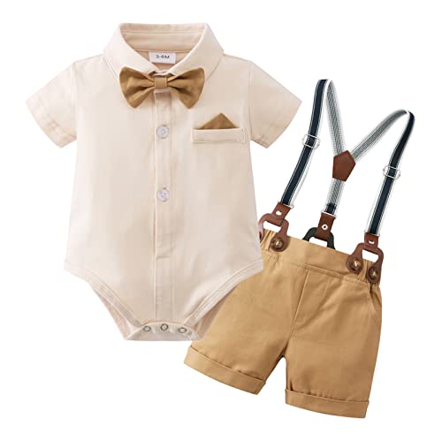 YUEMION Infant Baby Boy Clothes Gentleman Outfits Suits Summer Short Sleeve Bowtie Bodysuit Shirts + Suspender Shorts (Beige,12-18 Months) - Image 1