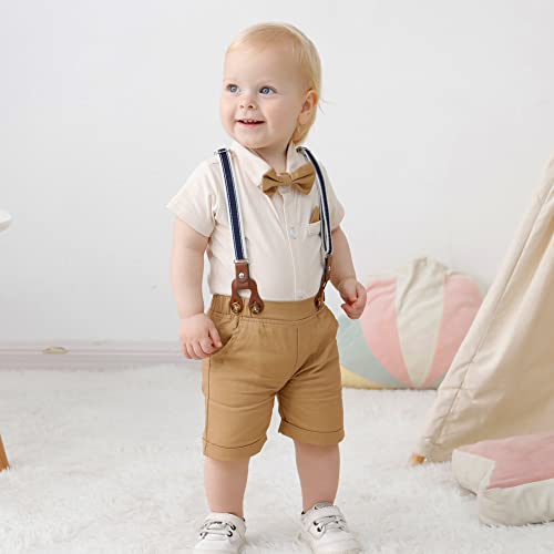 YUEMION Infant Baby Boy Clothes Gentleman Outfits Suits Summer Short Sleeve Bowtie Bodysuit Shirts + Suspender Shorts (Beige,12-18 Months) - Image 2