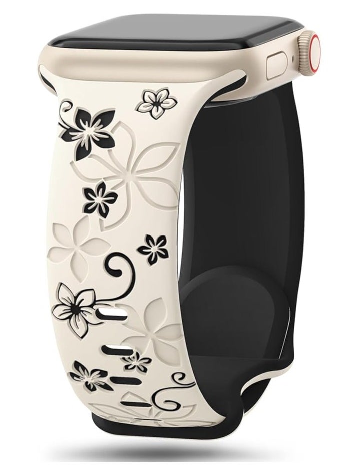 Bukela - Floral Engraved Bands Compatible with Apple Watch Band 41mm 40mm 44mm 45mm 42mm 38mm 49mm for Women,Cute Flower iWatch Bands Soft Silicone Sport Strap for iWatch Series SE 9 8 7 6 5 4 3 2 1 Ultra - Image 1
