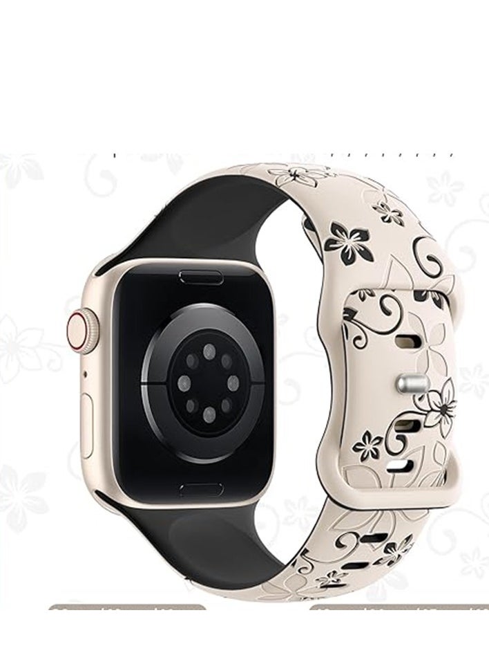 Bukela - Floral Engraved Bands Compatible with Apple Watch Band 41mm 40mm 44mm 45mm 42mm 38mm 49mm for Women,Cute Flower iWatch Bands Soft Silicone Sport Strap for iWatch Series SE 9 8 7 6 5 4 3 2 1 Ultra - Image 1