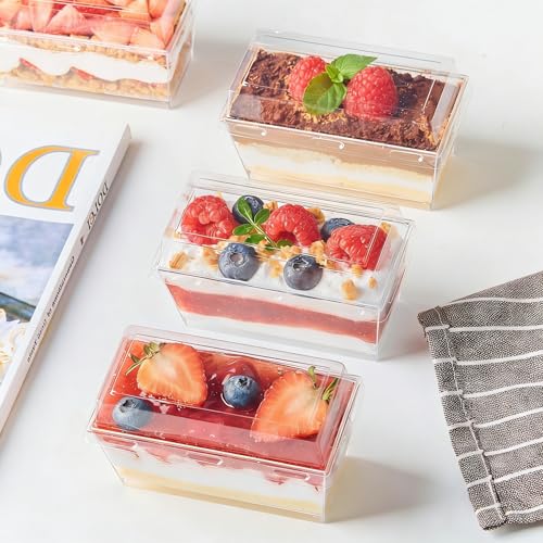 Qeirudu 5 Oz Mini Dessert Cups with Lids and Spoons, 50 Pack Clear Rectangle Parfait Cups, Small Plastic Serving Bowls for Tiramisus, Cakes, Mousses, Puddings - Image 4
