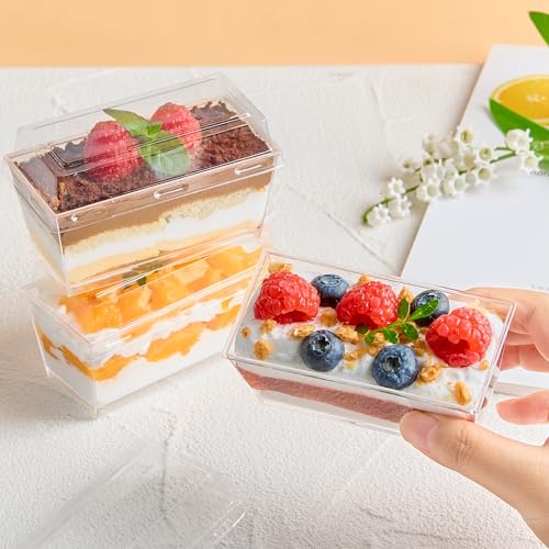 Qeirudu 5 Oz Mini Dessert Cups with Lids and Spoons, 50 Pack Clear Rectangle Parfait Cups, Small Plastic Serving Bowls for Tiramisus, Cakes, Mousses, Puddings - Image 5