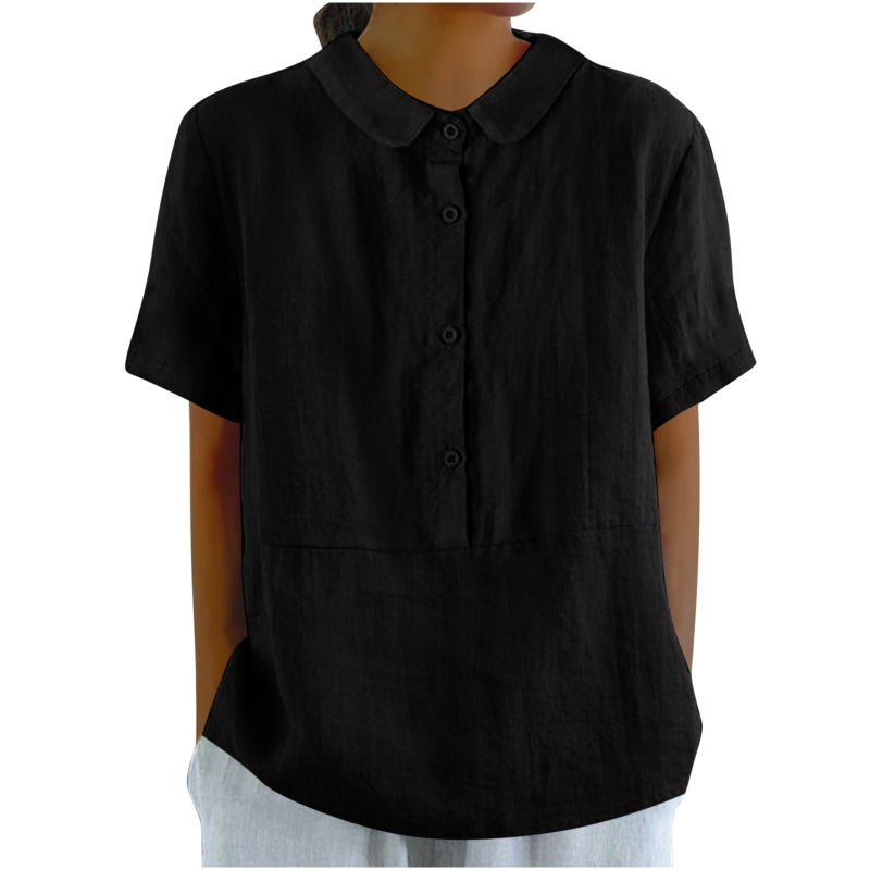 Amazon 2024 Spring New Women Fashion Casual Solid Color Cotton and Linen Top Blue - Image 3