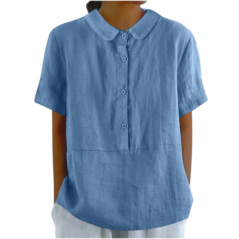 Amazon 2024 Spring New Women Fashion Casual Solid Color Cotton and Linen Top Blue - Image 1