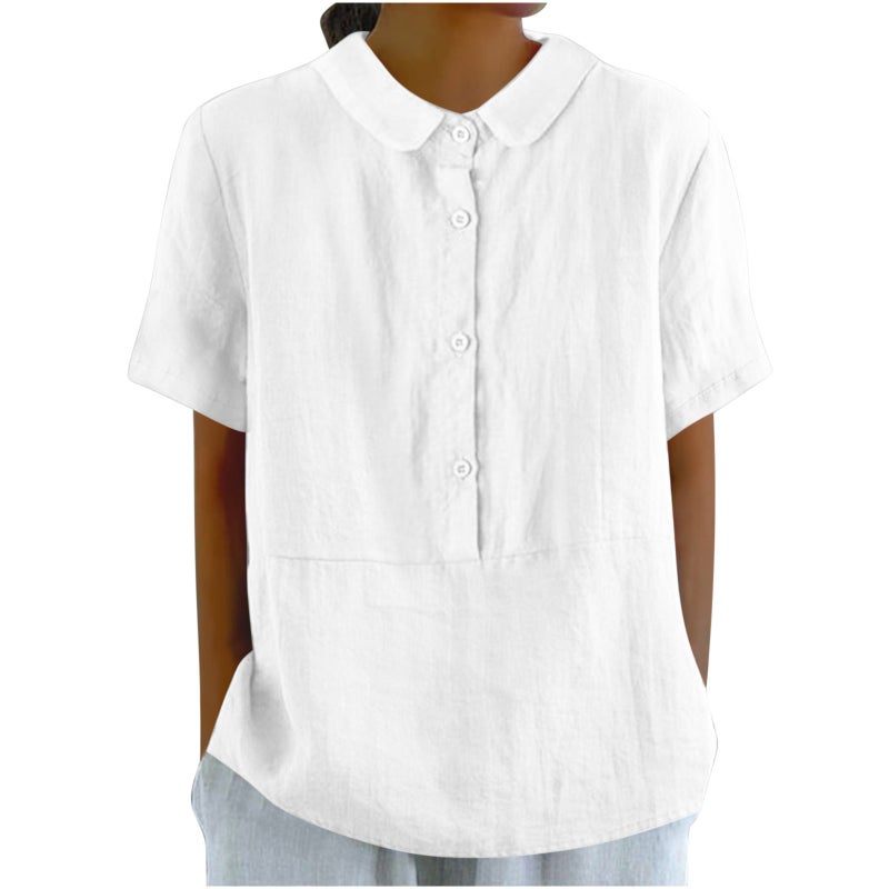 Amazon 2024 Spring New Women Fashion Casual Solid Color Cotton and Linen Top Blue - Image 2