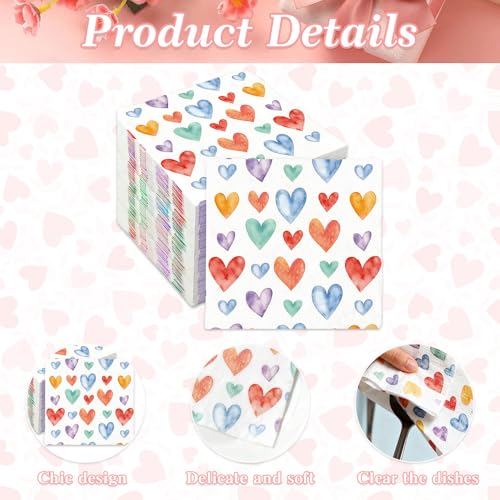 Luktastic Valentines Napkins, 50Pcs Valentine's Day Paper Napkins, Colorful Heart Cocktail Beverage Napkin Disposable Guest Towels for Home Dinner Wedding Bridal Anniversary Party Supplies Tableware Decorations - Image 3