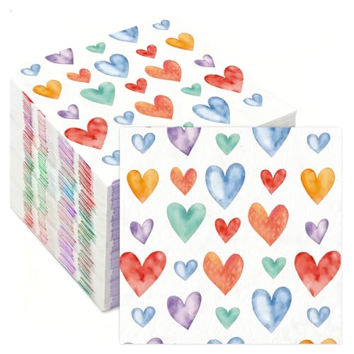 Luktastic Valentines Napkins, 50Pcs Valentine's Day Paper Napkins, Colorful Heart Cocktail Beverage Napkin Disposable Guest Towels for Home Dinner Wedding Bridal Anniversary Party Supplies Tableware Decorations - Image 1