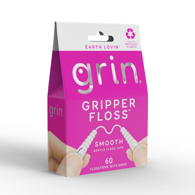 GRIN Gripper Floss, Individually Wrapped Smooth Dental Floss, 60 Count, Minty Flavor, Recyclable Packaging, Gentle Floss Tape, Finger Grips with Safe Fold Back Pick, No Shredding or Breaking - Image 1